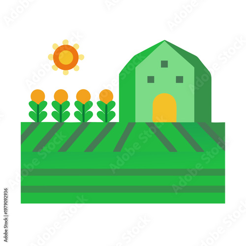 Flat design rural landscape with barn, crops and sun in a minimalist illustration