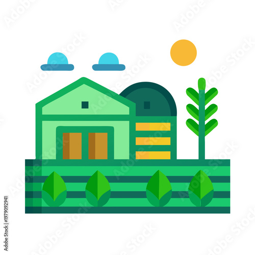 Flat vector illustration of a farm with barn, silo, crops, and sunny sky