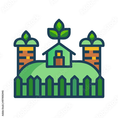 Organic architecture: green house icon with garden fence and sprouts on black