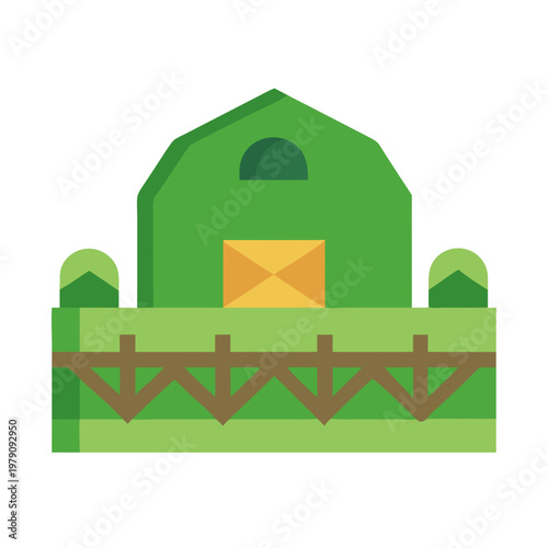 Stylized green barn with wooden fence illustration on a black background