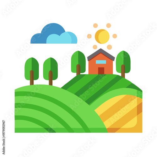 Flat style illustration of a farm landscape with fields, trees and a house.
