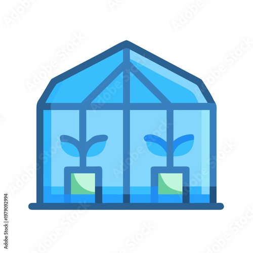Minimalist illustration of a greenhouse with two young plants growing inside