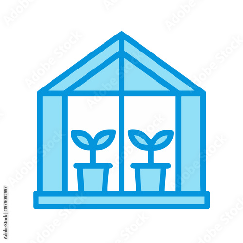 Light Blue Greenhouse with Two Potted Seedlings in a Flat Style Illustration
