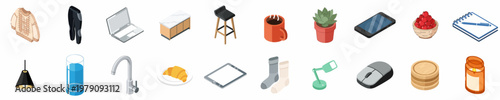 Collection of 20 isometric home and lifestyle icons including furniture, electronics, food, and clothing items, isolated on a white background.