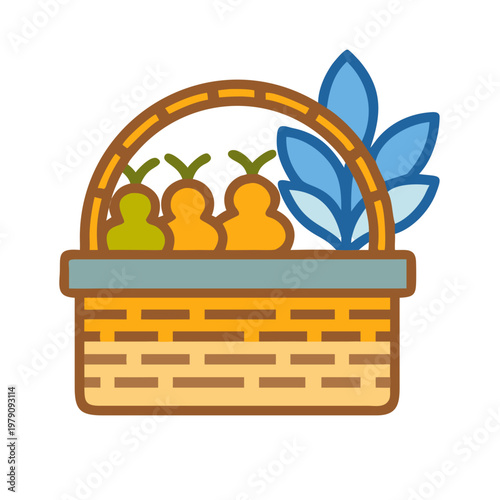 Stylized image of fruits in basket with leaves on a black background.