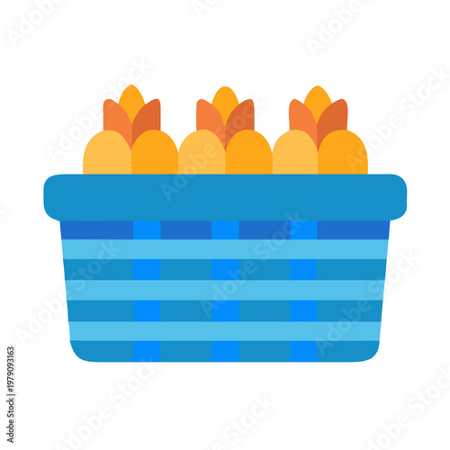 Blue Basket Filled with Orange and Yellow Fruit, Flat Graphic Style