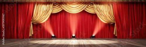 A classic stage with rich red curtains, elegant golden drapes, wooden floorboards, and three spotlights casting beams upward.
