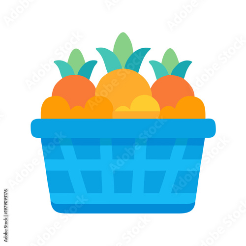 Stylized fruit basket full of oranges, simple flat vector illustration on black