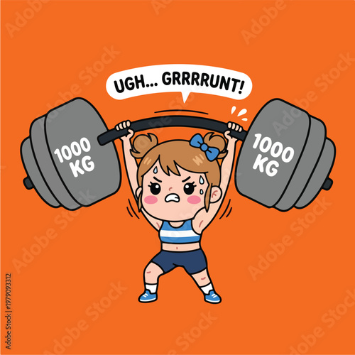Little Girl Lifting Heavy Dumbbells.