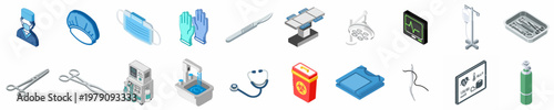 Isometric Set of Surgical and Medical Equipment Icons Including Surgeon, Operating Table, Scalpel, Heart Monitor, and Various Specialized Medical Tools