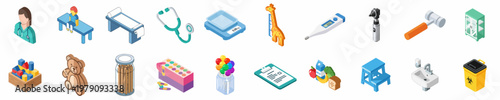 Isometric Pediatric Clinic and Medical Equipment Icons Set for Child Healthcare and Doctor's Office