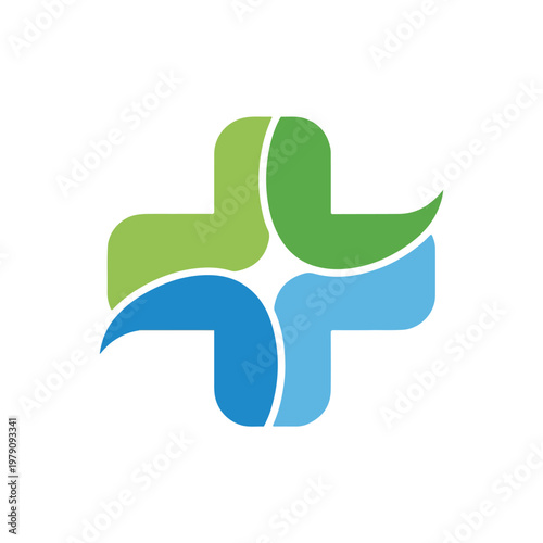 A stylized cross-like symbol with curved arms in green and blue hues