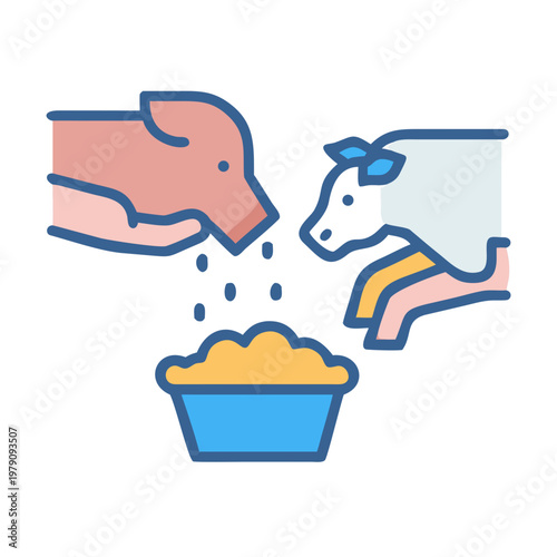 Graphic icon showing feeding animals a pig and a cow from trough