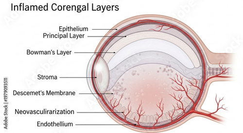 Detailed clinical diagram of inflamed corneal layers showing neovascularization and anatomical structure of human eye