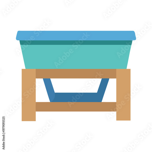 Minimalist aqua container on a wooden stand, flat design on black background