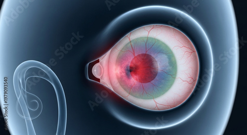 Scientific 3D rendering of human eye cross section showing internal inflammation and ocular nerve system structure
