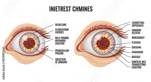 Educational medical diagram of human eye anatomy with detailed labels illustrating inflammation and ocular diseases.