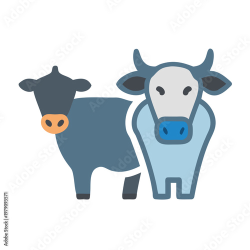 Two stylized cows in shades of blue and gray on black background