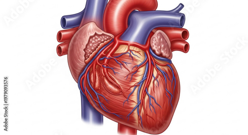 Detailed anatomical illustration of the human heart showing coronary arteries and major blood vessels in high detail