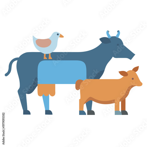 Minimalist illustration of cow, calf, and bird against black backdrop showcases farm animals