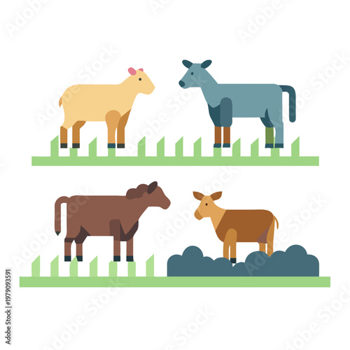 Flat illustration of farm animals, with sheep, cow, donkey and horse on grass