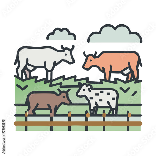 Stylized cattle graze within a fenced pasture beneath a cloudy sky illustration