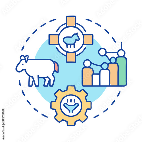 Livestock Industry Analytics: Digital Illustration Featuring a Cow, Sheep, Figures, and Gear