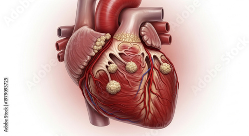 Detailed medical illustration of a human heart showing signs of inflammation and damaged tissue for clinical study.
