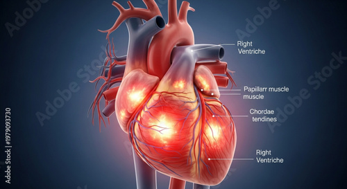 Anatomical heart model with glowing inflammation areas and labeled structures for medical educational purposes.