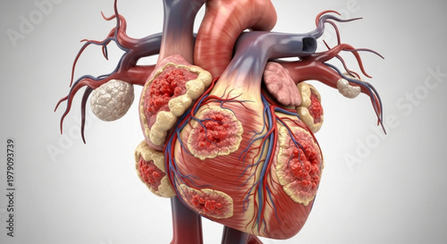3D render of a human heart with severe arterial inflammation and damaged tissue for cardiovascular research.