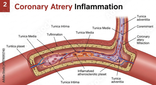 Medical diagram of coronary artery inflammation showing tunica layers and atherosclerotic plaque for cardiology.