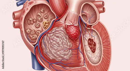Detailed medical cross section illustration showing internal human heart anatomy with signs of inflammation and disease