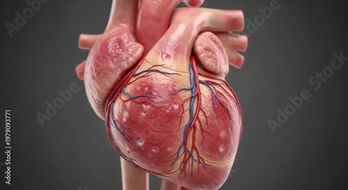 Hyper realistic 3d render of a human heart showing signs of inflammation and infection on the muscular surface