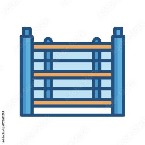 Stylized blue and orange gate with horizontal bars on a black background