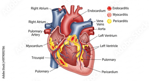 Educational medical diagram of a human heart with labels identifying endocarditis, myocarditis, and pericarditis