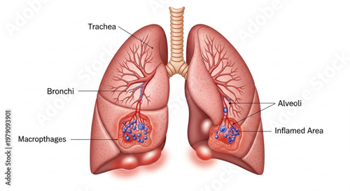 Educational anatomical diagram of human lungs highlighting bronchi alveoli and inflamed areas with clear labels.