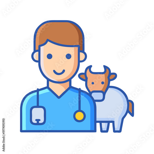 Veterinarian with Cow: A Colorful and Simplistic Illustration Depicting Animal Care