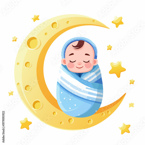 Dreamy celestial slumber A precious baby sleeps peacefully swaddled on a crescent moon surrounded by twinkling stars and soft, gentle hues, perfect for nursery decor and sweet dreams