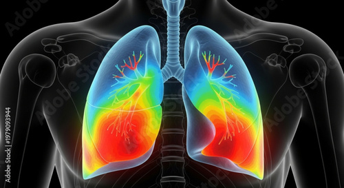 Human respiratory system with a colorful heatmap overlay representing inflammation and lung health conditions.