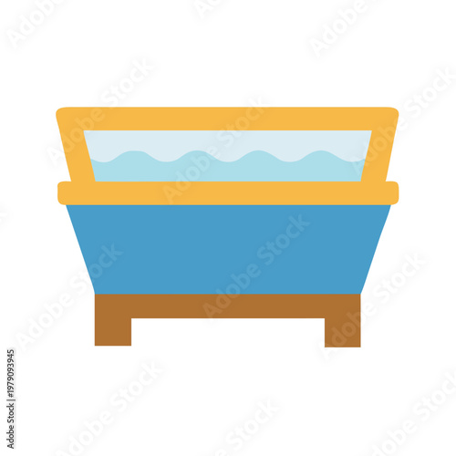 Blue wash tub with gold trim filled with water in flat graphic style
