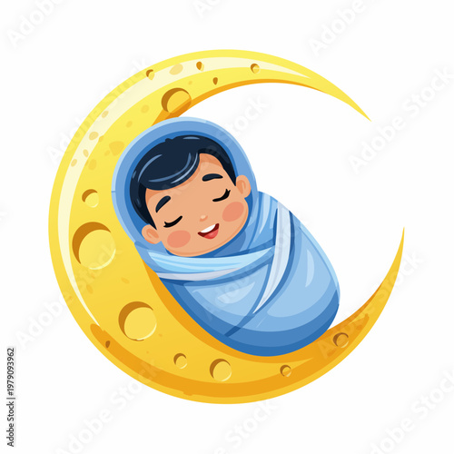 A peaceful infant slumbering soundly while swaddled in a soft blue blanket, nestled cozily upon a golden crescent moon, invoking a sense of gentle tranquility