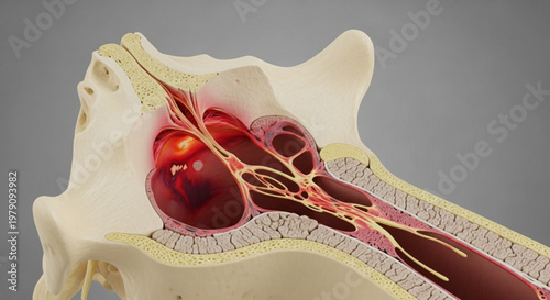 Cross section of human spinal vertebra showing internal structure and inflammation of the spinal nerve tissues.