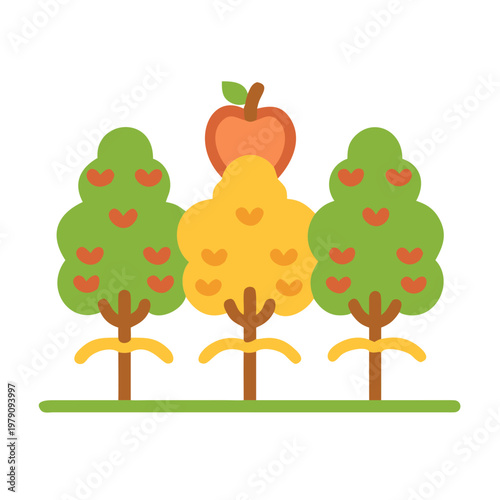 Cartoon illustration of apple trees in an orchard with flat design style