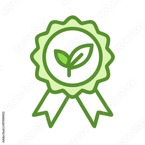 Green eco award ribbon with leaves symbol against a black background