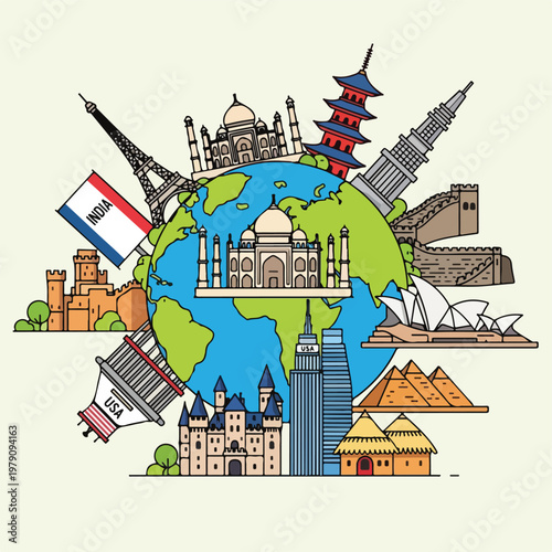 World travel concept image featuring landmarks from various countries