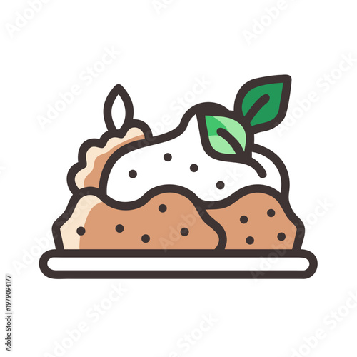 Stylized Vector Illustration of Cake with Frosting and Green Leaf on Plate