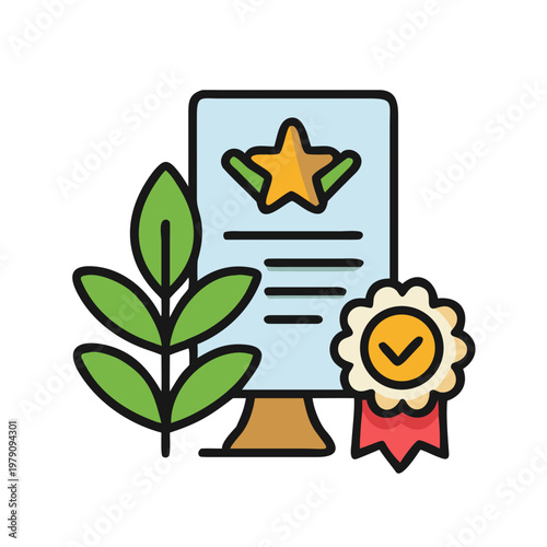 Vector illustration of certificate with star, leaves and award badge, symbolizing achievements