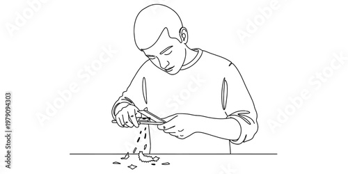 A line art illustration of a young man carefully sharpening a wooden pencil at his work desk