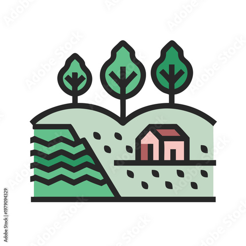 Minimalist countryside landscape with house and trees against a black background