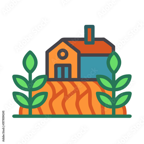 Iconic Farmhouse in Abstract Landscape with Fields and Green Foliage Illustration